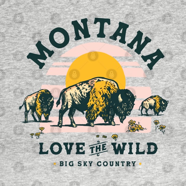 Big Sky Country, Montana. Cool Retro Travel Art Featuring A Buffalo by The Whiskey Ginger